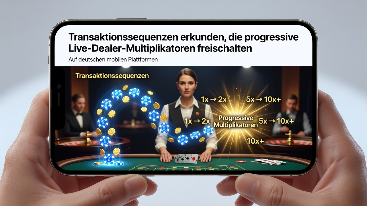 Darstellung von Transaktionssequenzen auf einer mobilen Casino-App mit Live-Dealer-Tischen und Multiplikator-Anzeigen